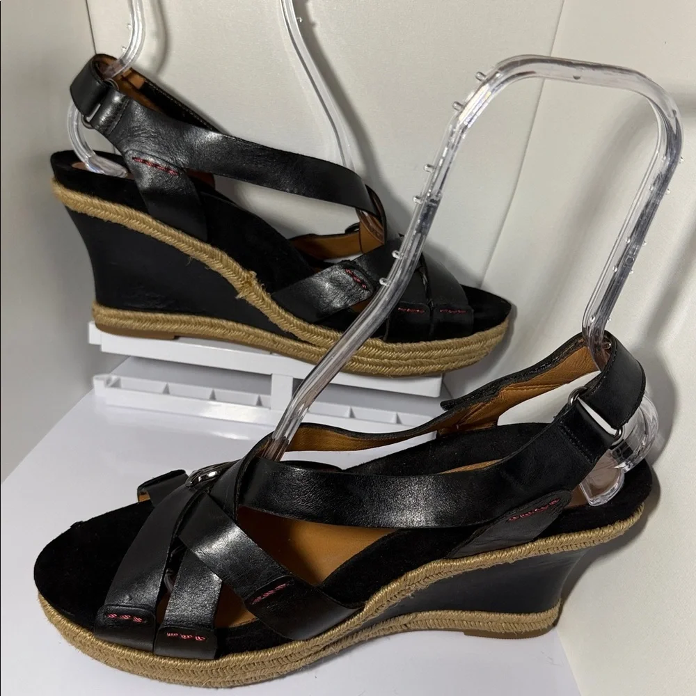 NWOT Earthies Black Wedge Sandals with Cross Straps and Platform Heel